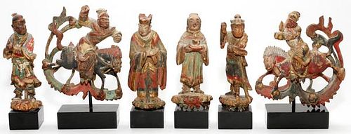 CHINESE CARVED WOOD POLYCHROME FIGURES 6 PIECES