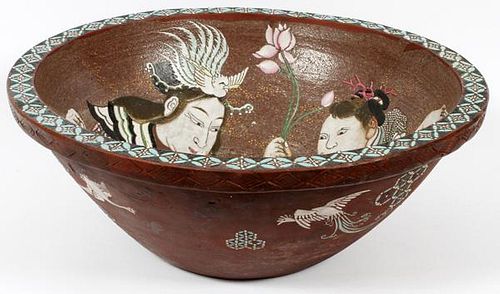 ASIAN TERRACOTTA AND HAND PAINTED ENAMEL BOWL