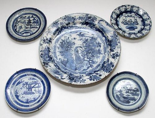BLUE AND WHITE PORCELAIN PLATES AND PLATTER