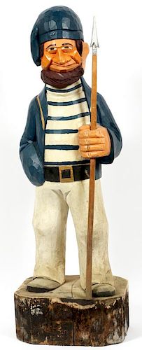 HAND PAINTED CARVED WOOD CIGAR-STORE FISHERMAN