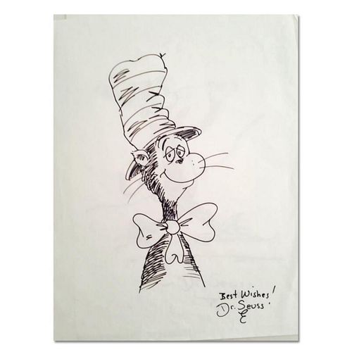 Dr. Seuss (1904-1991), "Cat in the Hat Best Wishes 2" Hand Signed Original Drawing with Letter of Authenticity.