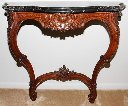 FRENCH LOUIS XV STYLE WALNUT CONSOLE W/ MARBLE TOP
