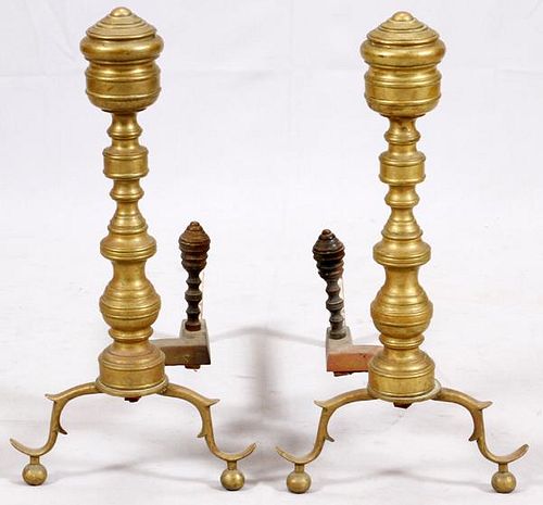 ANTIQUE FEDERAL BRASS ANDIRONS 19TH.C. PAIR