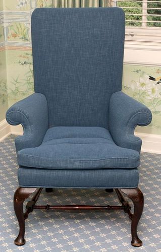 QUEEN ANNE STYLE BLUE UPHOLSTERED LADY'S ARMCHAIR