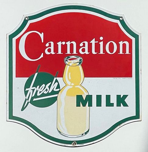 Rare 1940 Carnation Fresh Milk (Cream Top Bottle) Porcelain Sign