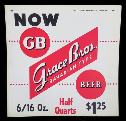1954 Grace Bros. Beer "Half Quarts" Tacker Sign Los Angeles California