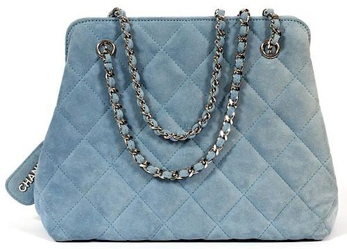 CHANEL LIGHT BLUE QUILTED SUEDE BAG