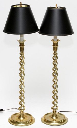 BRASS CANDLESTICKS MOUNTED AS LAMPS PAIR
