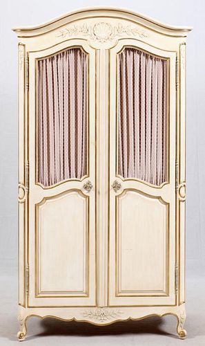 KINDEL ANTIQUE WHITE AND GOLD LEAF ARMOIRE