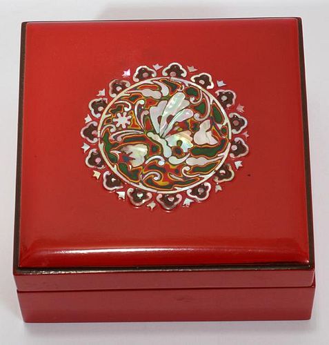 RED LACQUER & MOTHER OF PEARL INLAID BOX