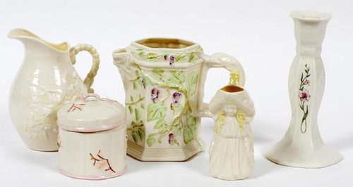 BELLEEK PITCHERS JAR AND CANDLEHOLDERS 5 PIECES