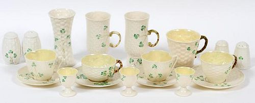 BELLEEK CUPS SAUCERS SALT AND PEPPERS 19 PIECES