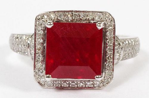 RUBY SQUARE CUT AND DIAMOND SET IN 14 KT GOLD RING