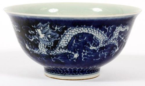 CHINESE DRAGON BLUE AND WHITE PORCELAIN BOWL
