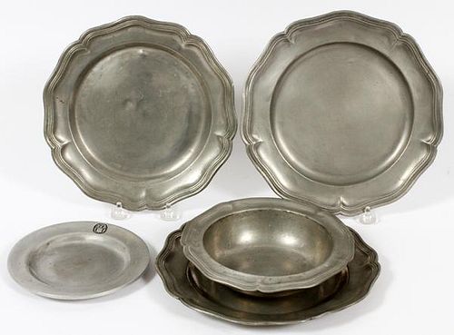 PEWTER BOWLS AND CHARGERS