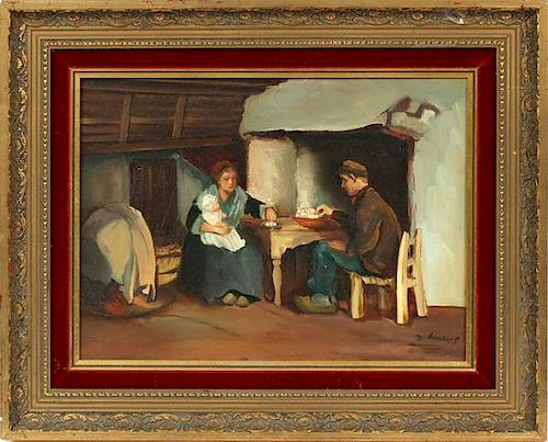 DE KONINS OIL ON PANEL DUTCH FAMILY AT DINING TABLE