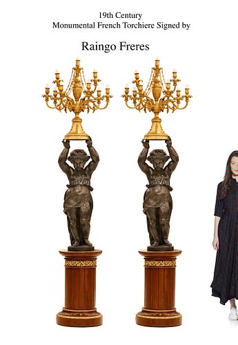 A Pair Of Monumental Museum Quality19th C. Raingo Freres Figural Bronze Torchiere, Signed