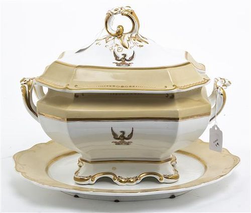 An English Armorial Lidded Tureen and Undertray, Width of first over handle 13 1/4 inches.
