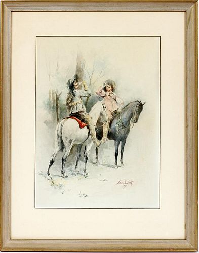 JOHN GILBERT WATERCOLOR TWO CAVALIERS ON HORSEBACK