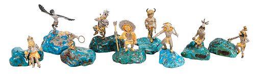 Nine Mikael Redman Gilt Silver and Turquoise Miniature Kachinas