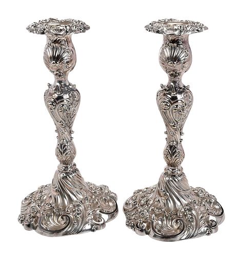 Pair of Rococo Style Tiffany Silver Plate Candlesticks