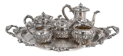 Five Piece Sterling Tea Service with Silver Plate Tray
