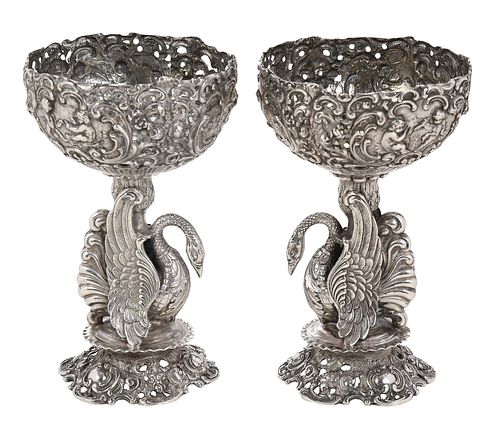 Pair of German Silver Desserts with Swans
