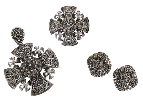 Four Piece Silver Jerusalem Maltese Cross, Pendant, Brooch, Earrings