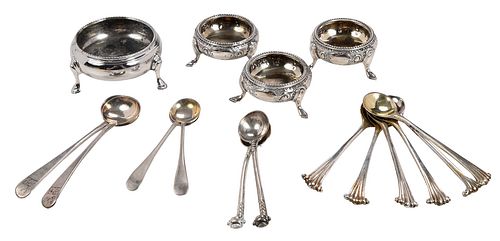 16 English Silver Open Salts and Spoons