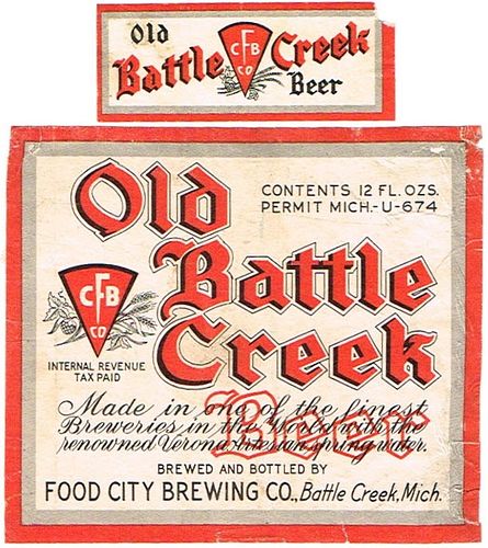 1933 Old Battle Creek Beer 12oz Label CS36-20 Battle Creek