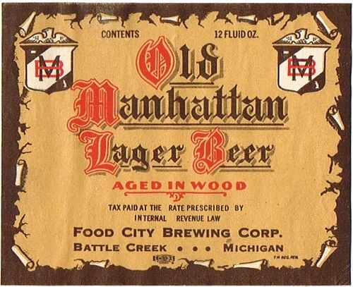 1936 Old Manhattan Lager Beer 12oz Label CS37-06 Battle Creek