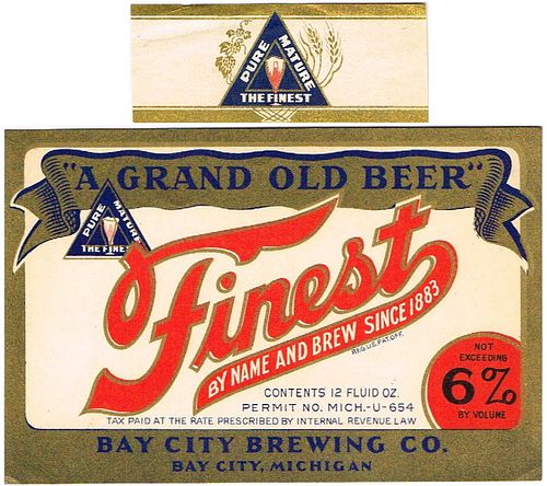 1934 Finest Beer 12oz Label CS37-24 Bay City