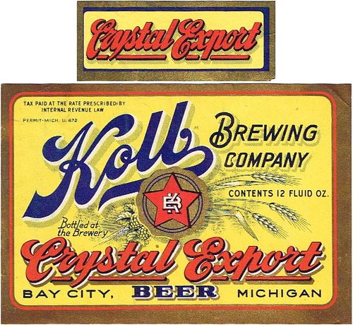 1933 Kolb Crystal Export Beer 12oz Label CS38-18 Bay City