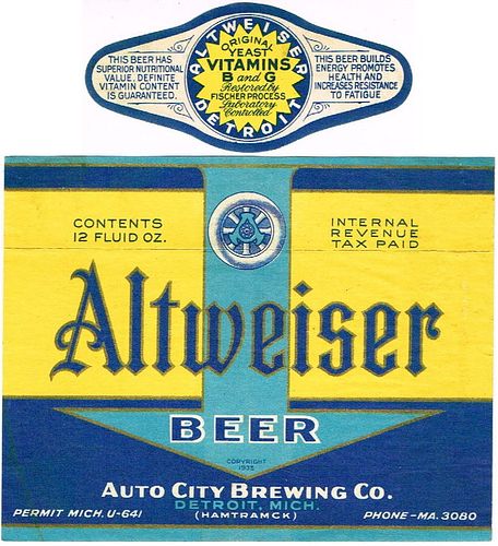 1937 Altweiser Beer 12oz Label CS40-24 Detroit