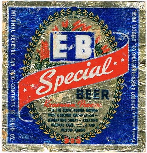 1939 E and B Special Beer 12oz Label CS43-04v Detroit