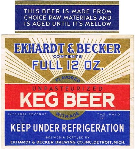 1938 Ekhardt & Becker Keg Beer 12oz Label CS42-17 Detroit