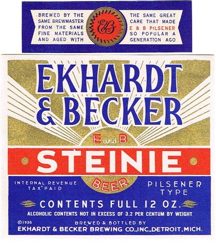 1936 Ekhardt & Becker Steinie Beer 12oz Label CS42-15 Detroit