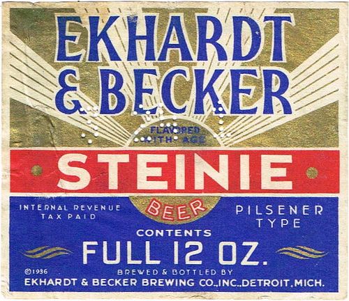 1936 Ekhardt & Becker Steinie Beer 12oz Label CS42-15v5 Detroit