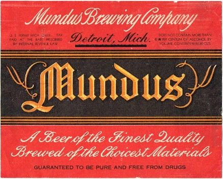 1933 Mundus Beer 12oz Label CS46-16V Detroit