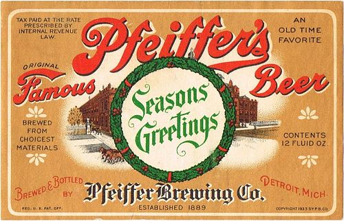 1935 Pfeiffer Famous Beer 12oz Label CS47-15 Detroit