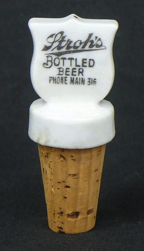 1910 Stroh's Bottled Beer/Malt Extract resealer 3¾ inch coaster Porcelain Stopper Detroit