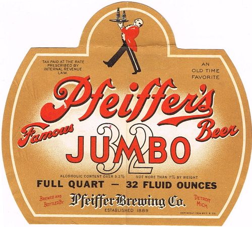 1936 Pfeiffer's Famous Beer 32oz One Quart Label CS47-23v Detroit