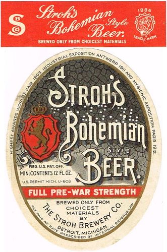 1933 Stroh's Bohemian Beer 12oz Label CS50-23 Detroit