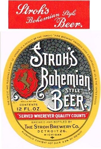1950 Stroh's Bohemian Style Beer 12oz Label Detroit