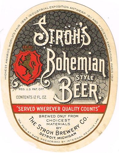 1937 Stroh's Bohemian Style Beer 12oz Label CS51-01 Detroit