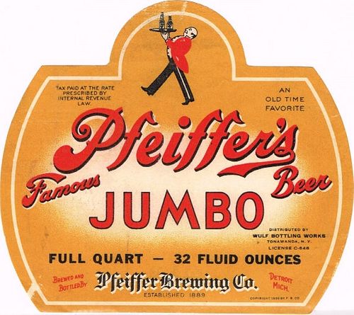 1937 Pfeiffer's Famous Beer 32oz One Quart Label CS47-23 Detroit