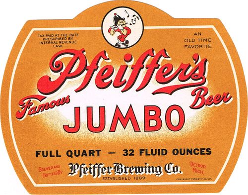 1941 Pfeiffer's Famous Beer 32oz One Quart Label CS47-24 Detroit