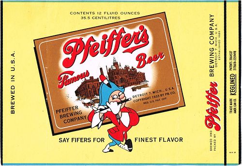 1953 PAPER LABEL Pfeiffer's Famous Beer (American Can Co. mockup) 12oz CS48-06 Detroit