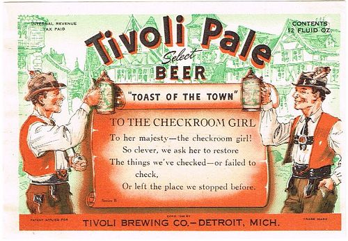 1936 Tivoli Pale Beer "To The Checkroom Girl" 12oz Label CS51-14 Detroit
