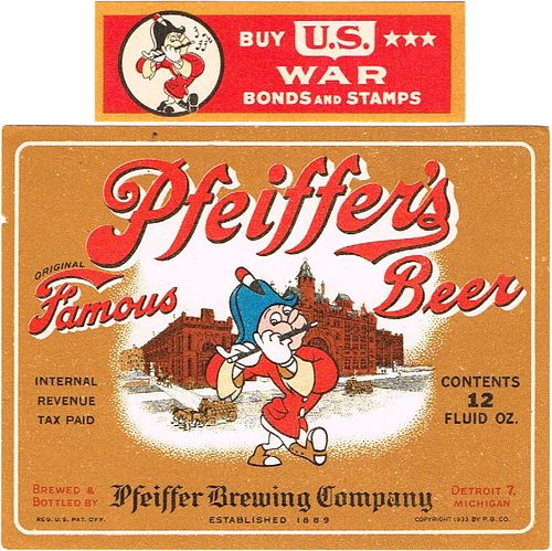 1943 Pfeiffer's Famous Beer (War Bonds Neck Label) 12oz Label CS47-20V Detroit